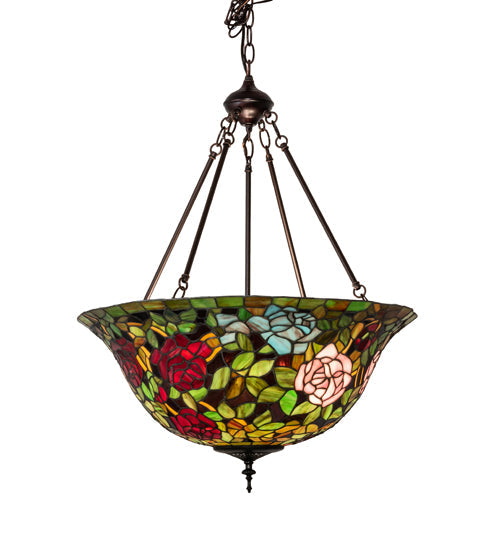 Meyda Lighting Tiffany Rosebush 24" 3-Light Mahogany Bronze Inverted Pendant Light With Multi-Colored Stained Shade Glass