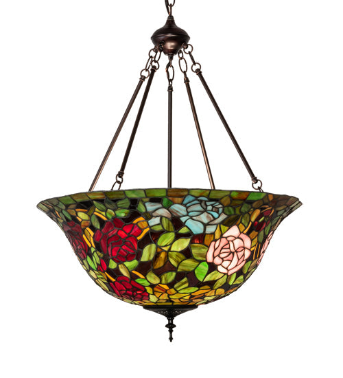 Meyda Lighting Tiffany Rosebush 24" 3-Light Mahogany Bronze Inverted Pendant Light With Multi-Colored Stained Shade Glass