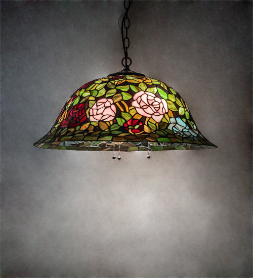 Meyda Lighting Tiffany Rosebush 24" 3-Light Mahogany Bronze Pendant Light With Multi-Colored Stained Shade Glass