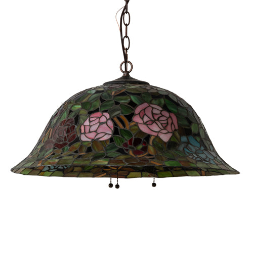 Meyda Lighting Tiffany Rosebush 24" 3-Light Mahogany Bronze Pendant Light With Multi-Colored Stained Shade Glass