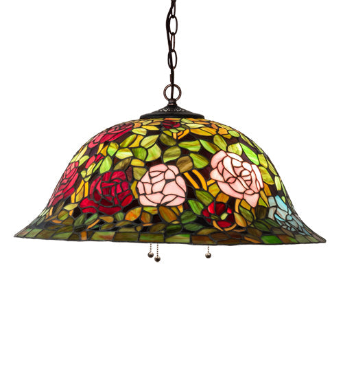 Meyda Lighting Tiffany Rosebush 24" 3-Light Mahogany Bronze Pendant Light With Multi-Colored Stained Shade Glass