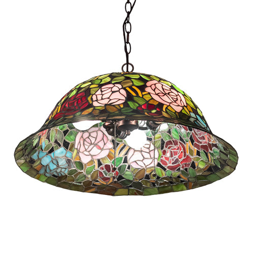 Meyda Lighting Tiffany Rosebush 24" 3-Light Mahogany Bronze Pendant Light With Multi-Colored Stained Shade Glass