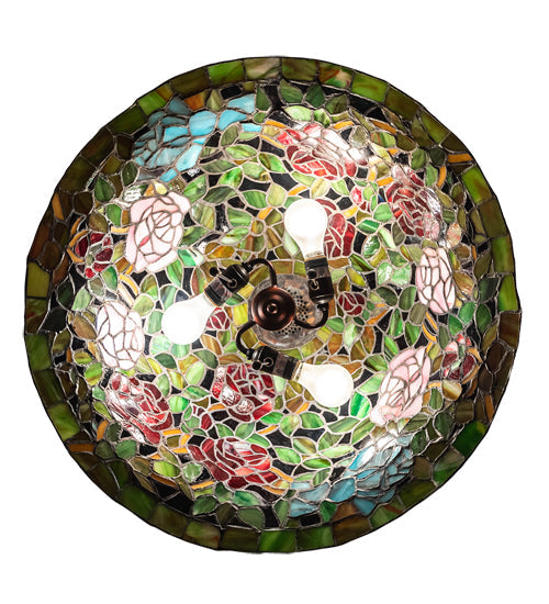 Meyda Lighting Tiffany Rosebush 24" 3-Light Mahogany Bronze Pendant Light With Multi-Colored Stained Shade Glass