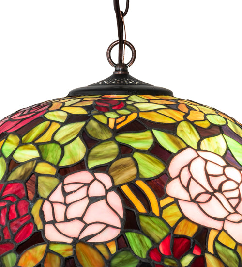 Meyda Lighting Tiffany Rosebush 24" 3-Light Mahogany Bronze Pendant Light With Multi-Colored Stained Shade Glass