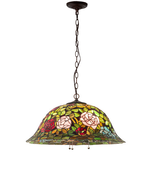 Meyda Lighting Tiffany Rosebush 24" 3-Light Mahogany Bronze Pendant Light With Multi-Colored Stained Shade Glass