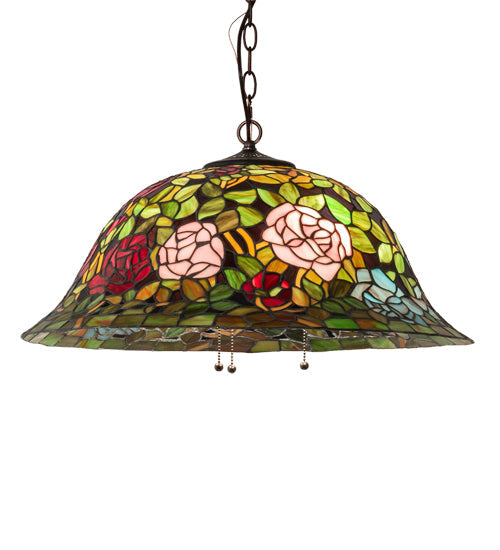 Meyda Lighting Tiffany Rosebush 24" 3-Light Mahogany Bronze Pendant Light With Multi-Colored Stained Shade Glass