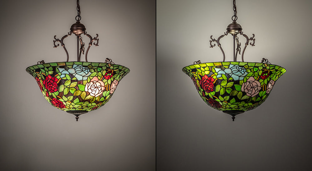 Meyda Lighting Tiffany Rosebush 24" 6-Light Mahogany Bronze Inverted Pendant Light With Multi-Colored Shade Glass