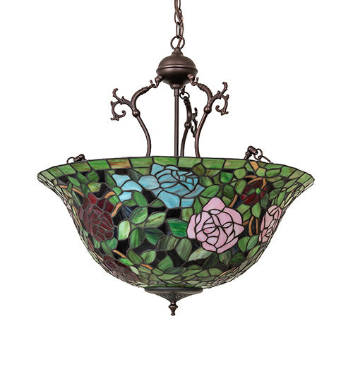Meyda Lighting Tiffany Rosebush 24" 6-Light Mahogany Bronze Inverted Pendant Light With Multi-Colored Shade Glass
