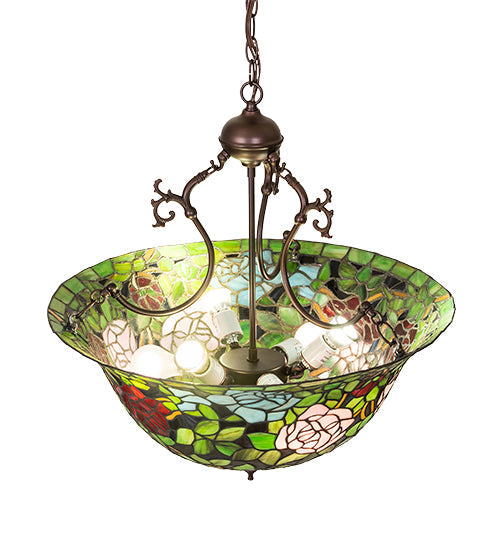 Meyda Lighting Tiffany Rosebush 24" 6-Light Mahogany Bronze Inverted Pendant Light With Multi-Colored Shade Glass