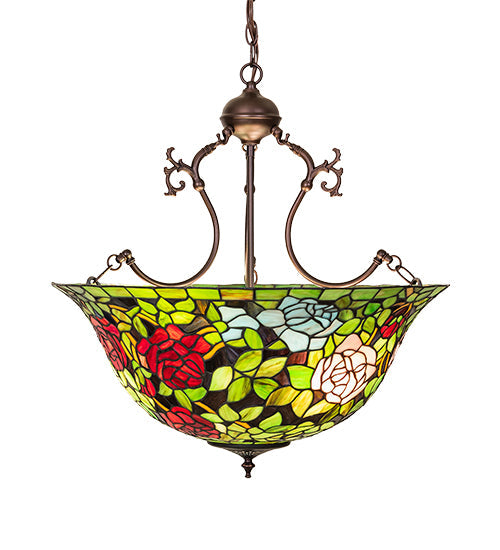 Meyda Lighting Tiffany Rosebush 24" 6-Light Mahogany Bronze Inverted Pendant Light With Multi-Colored Shade Glass