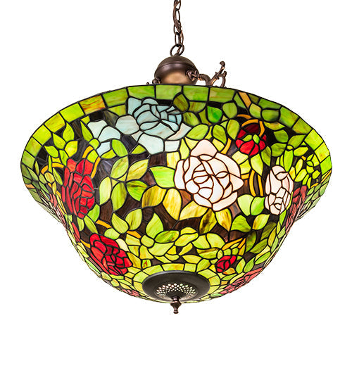Meyda Lighting Tiffany Rosebush 24" 6-Light Mahogany Bronze Inverted Pendant Light With Multi-Colored Shade Glass