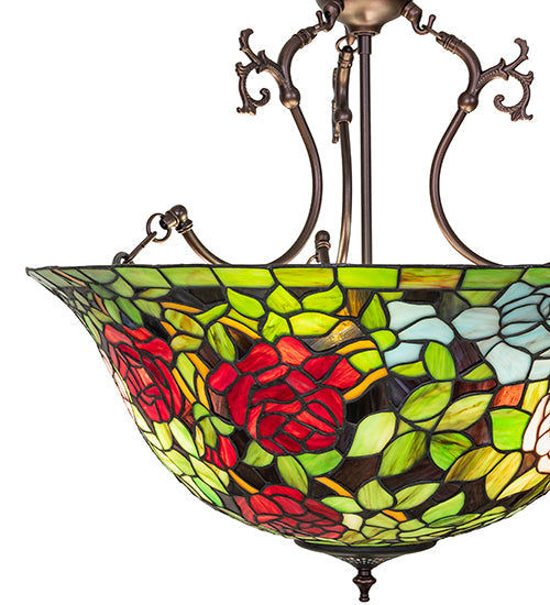 Meyda Lighting Tiffany Rosebush 24" 6-Light Mahogany Bronze Inverted Pendant Light With Multi-Colored Shade Glass