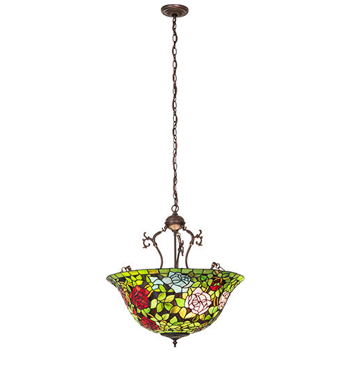 Meyda Lighting Tiffany Rosebush 24" 6-Light Mahogany Bronze Inverted Pendant Light With Multi-Colored Shade Glass