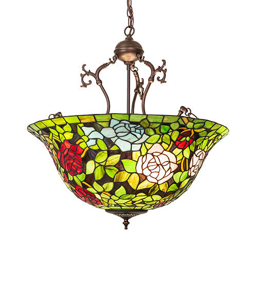 Meyda Lighting Tiffany Rosebush 24" 6-Light Mahogany Bronze Inverted Pendant Light With Multi-Colored Shade Glass