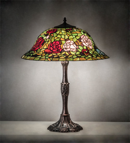 Meyda Lighting Tiffany Rosebush 26" 3-Light Mahogany Bronze Table Lamp With Multi-Colored Shade Glass