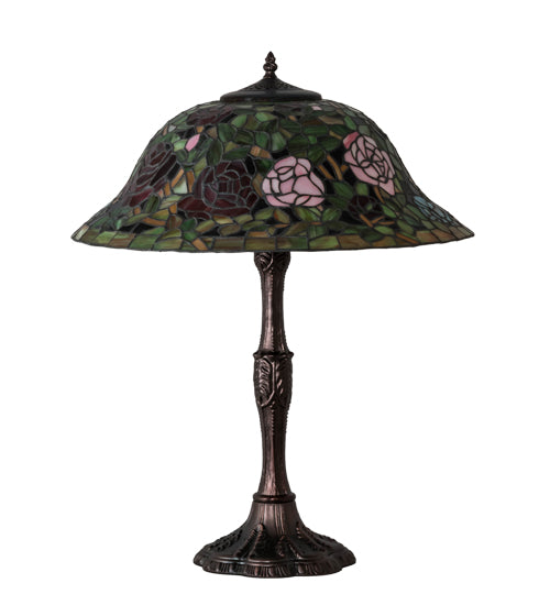 Meyda Lighting Tiffany Rosebush 26" 3-Light Mahogany Bronze Table Lamp With Multi-Colored Shade Glass