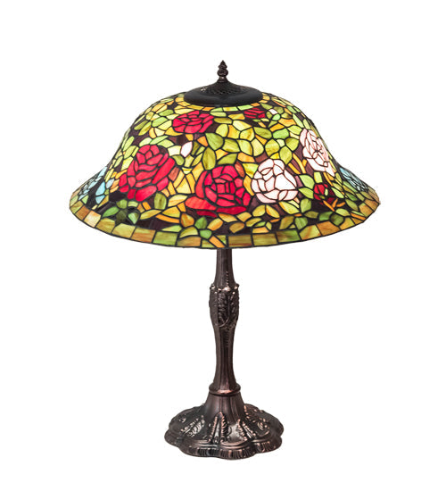 Meyda Lighting Tiffany Rosebush 26" 3-Light Mahogany Bronze Table Lamp With Multi-Colored Shade Glass