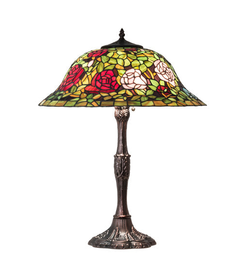 Meyda Lighting Tiffany Rosebush 26" 3-Light Mahogany Bronze Table Lamp With Multi-Colored Shade Glass