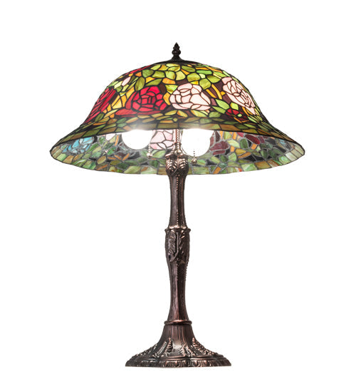Meyda Lighting Tiffany Rosebush 26" 3-Light Mahogany Bronze Table Lamp With Multi-Colored Shade Glass