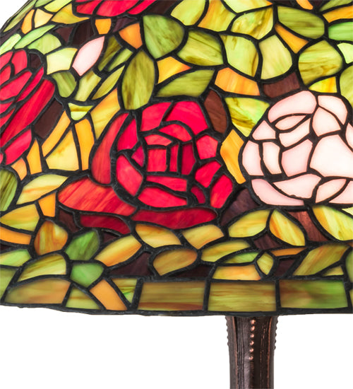 Meyda Lighting Tiffany Rosebush 26" 3-Light Mahogany Bronze Table Lamp With Multi-Colored Shade Glass