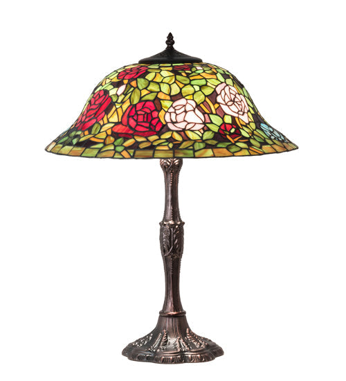 Meyda Lighting Tiffany Rosebush 26" 3-Light Mahogany Bronze Table Lamp With Multi-Colored Shade Glass