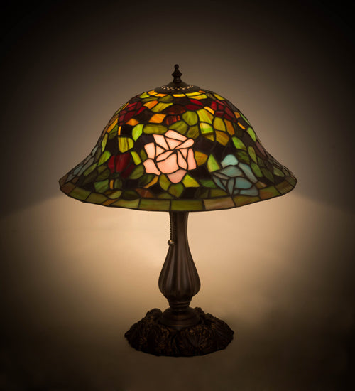 Meyda Lighting Tiffany Rosebush 26489 19" Mahogany Bronze Table Lamp With Multi-Colored Stained Shade Glass