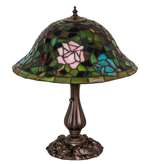Meyda Lighting Tiffany Rosebush 26489 19" Mahogany Bronze Table Lamp With Multi-Colored Stained Shade Glass
