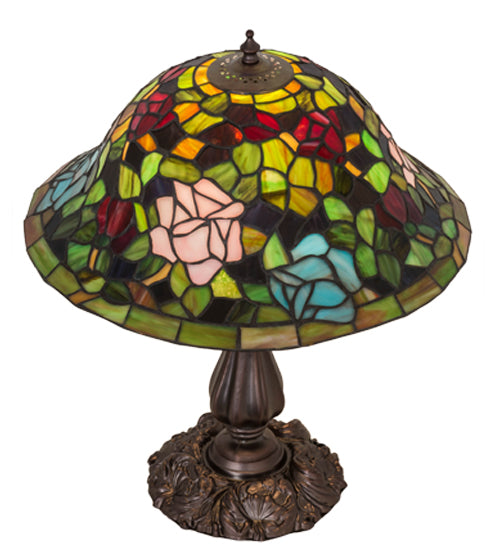 Meyda Lighting Tiffany Rosebush 26489 19" Mahogany Bronze Table Lamp With Multi-Colored Stained Shade Glass