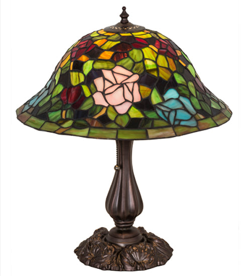 Meyda Lighting Tiffany Rosebush 26489 19" Mahogany Bronze Table Lamp With Multi-Colored Stained Shade Glass