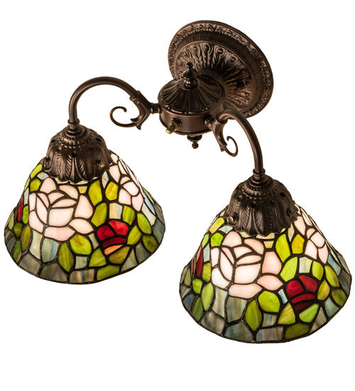 Meyda Lighting Tiffany Rosebush 26604 18" 2-Light Mahogany Bronze Wall Sconce With Multi-Colored Shade Glass