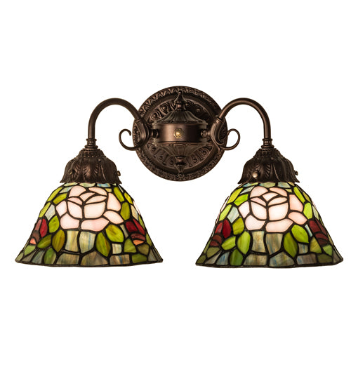 Meyda Lighting Tiffany Rosebush 26604 18" 2-Light Mahogany Bronze Wall Sconce With Multi-Colored Shade Glass