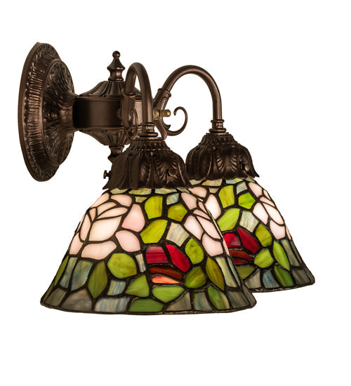 Meyda Lighting Tiffany Rosebush 26604 18" 2-Light Mahogany Bronze Wall Sconce With Multi-Colored Shade Glass