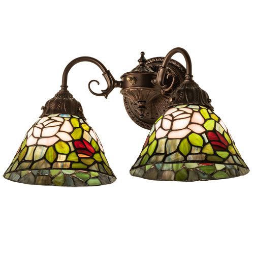 Meyda Lighting Tiffany Rosebush 26604 18" 2-Light Mahogany Bronze Wall Sconce With Multi-Colored Shade Glass