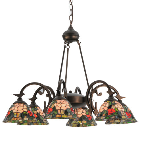 Meyda Lighting Tiffany Rosebush 27399 32" 6-Light Mahogany Bronze Chandelier With Multi-Colored Shade Glass