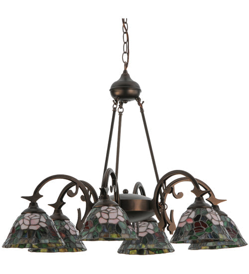 Meyda Lighting Tiffany Rosebush 27399 32" 6-Light Mahogany Bronze Chandelier With Multi-Colored Shade Glass