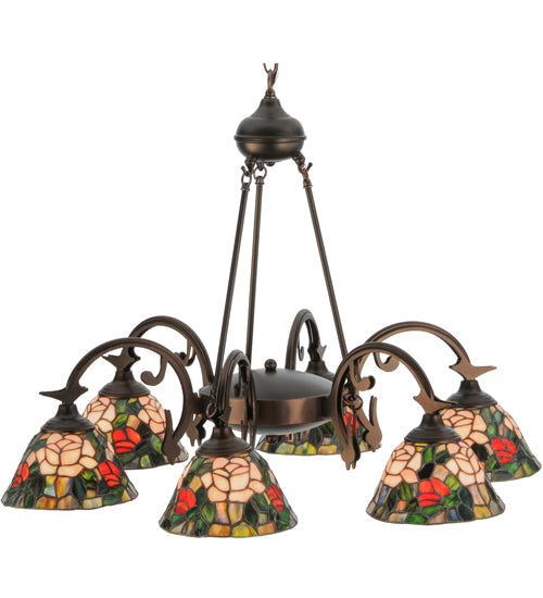 Meyda Lighting Tiffany Rosebush 27399 32" 6-Light Mahogany Bronze Chandelier With Multi-Colored Shade Glass