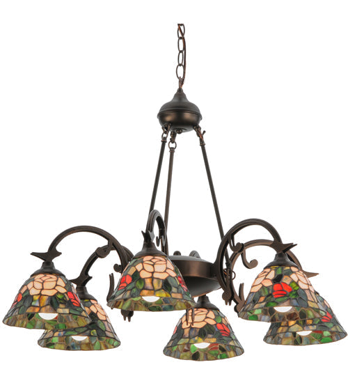 Meyda Lighting Tiffany Rosebush 27399 32" 6-Light Mahogany Bronze Chandelier With Multi-Colored Shade Glass