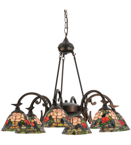 Meyda Lighting Tiffany Rosebush 27399 32" 6-Light Mahogany Bronze Chandelier With Multi-Colored Shade Glass