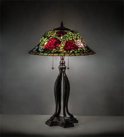 Meyda Lighting Tiffany Rosebush 30" 3-Light Mahogany Bronze Table Lamp With Multi-Colored Shade Glass