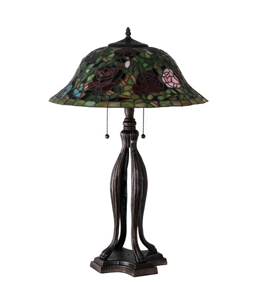 Meyda Lighting Tiffany Rosebush 30" 3-Light Mahogany Bronze Table Lamp With Multi-Colored Shade Glass