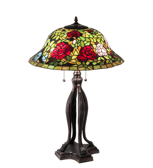 Meyda Lighting Tiffany Rosebush 30" 3-Light Mahogany Bronze Table Lamp With Multi-Colored Shade Glass