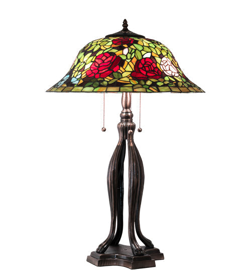 Meyda Lighting Tiffany Rosebush 30" 3-Light Mahogany Bronze Table Lamp With Multi-Colored Shade Glass