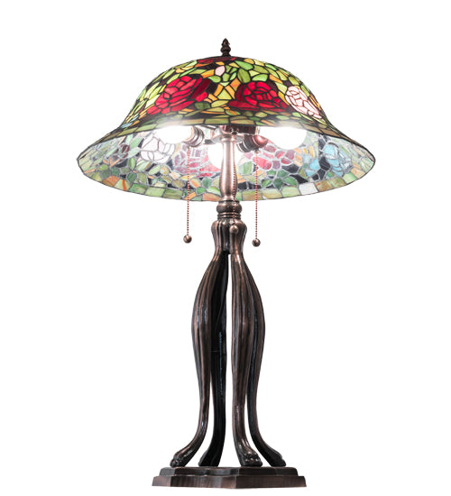 Meyda Lighting Tiffany Rosebush 30" 3-Light Mahogany Bronze Table Lamp With Multi-Colored Shade Glass