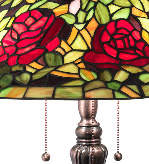 Meyda Lighting Tiffany Rosebush 30" 3-Light Mahogany Bronze Table Lamp With Multi-Colored Shade Glass