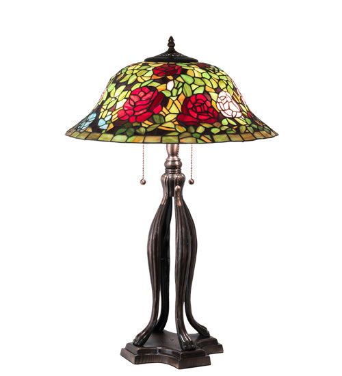 Meyda Lighting Tiffany Rosebush 30" 3-Light Mahogany Bronze Table Lamp With Multi-Colored Shade Glass