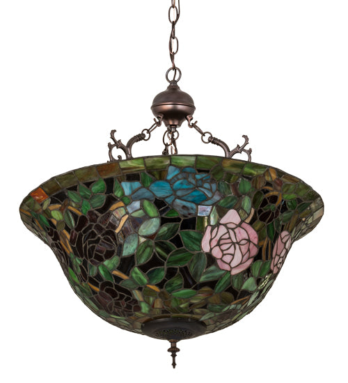 Meyda Lighting Tiffany Rosebush 30469 24" 3-Light Mahogany Bronze Inverted Pendant Light With Multi-Colored Stained Shade Glass