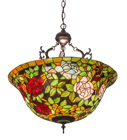 Meyda Lighting Tiffany Rosebush 30469 24" 3-Light Mahogany Bronze Inverted Pendant Light With Multi-Colored Stained Shade Glass