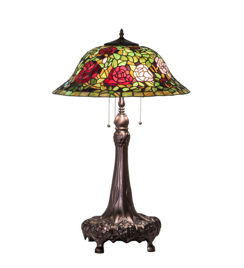 Meyda Lighting Tiffany Rosebush 31" 3-Light Mahogany Bronze Table Lamp With Multi-Colored Shade Glass