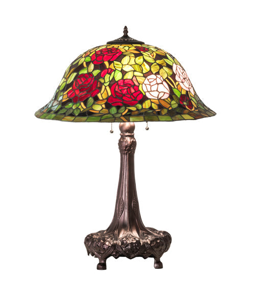 Meyda Lighting Tiffany Rosebush 31" 3-Light Mahogany Bronze Table Lamp With Multi-Colored Stained Shade Glass