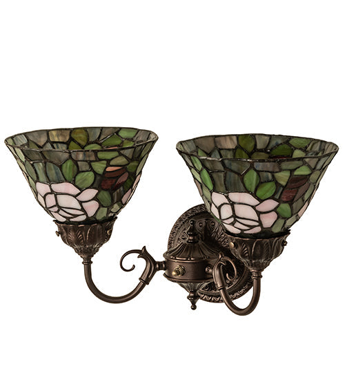 Meyda Lighting Tiffany Rosebush 31121 18" 2-Light Mahogany Bronze Wall Sconce With Multi-Colored Shade Glass